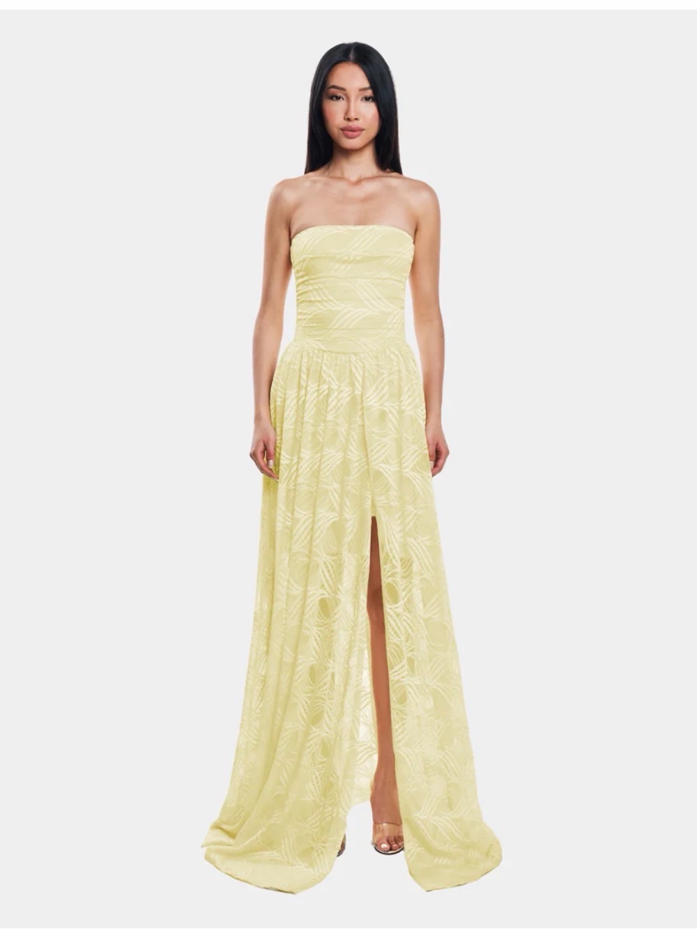 Strapless Pale Yellow Maxi Dress with Front Slit from OW COLLECTION